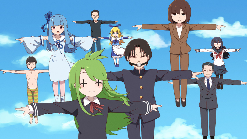 +_+ 4boys 5girls ai-generated_art_(topic) apron black_hair black_pantyhose black_shirt blonde_hair blue_bow blue_bowtie blue_hair blue_necktie blue_ribbon blue_sky blue_sleeves blush bow bowtie brown_jacket brown_pants character_request closed_mouth clouds commentary_request day detached_sleeves fuka_(kantoku) full_body gag gagged glasses green_hair green_pants hair_intakes highres jacket kobayashi-san_chi_no_maidragon kotonoha_aoi long_hair long_sleeves looking_at_viewer manager_(inmu) manatsu_no_yo_no_inmu multiple_boys multiple_girls neck_ribbon neckerchief necktie office_lady opaque_glasses open_mouth outdoors pants pantyhose red_neckerchief ribbon school_uniform serafuku shirt short_hair sidelocks sky smile striped_clothes striped_pants suit t-pose takuya_(acceed) tone_sphere topless_male trin_(tone_sphere) very_short_hair voiceroid waist_apron white_shirt wiffle_gag