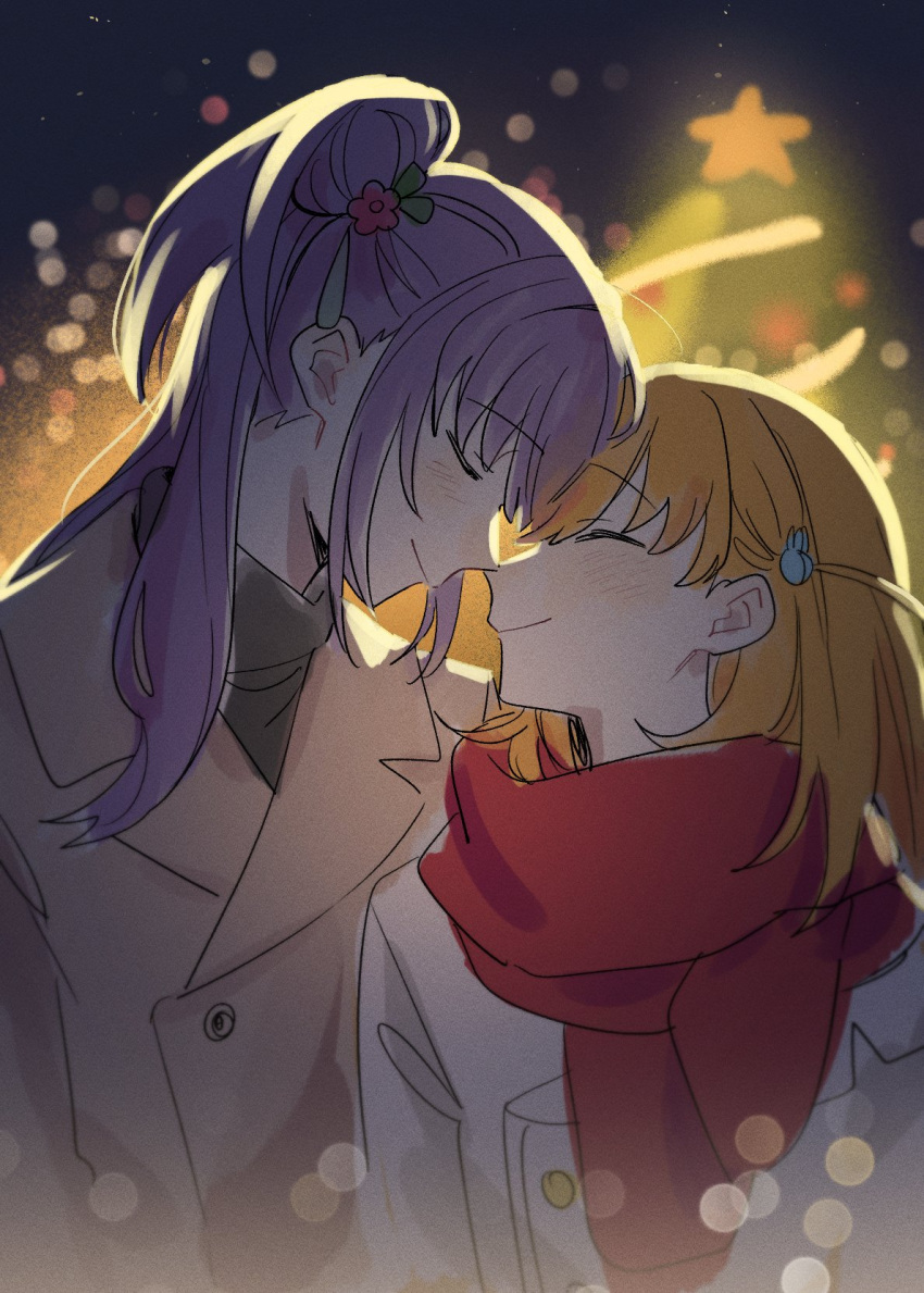 2girls bak_pep blurry bokeh brown_coat christmas_tree closed_eyes closed_mouth coat commentary_request depth_of_field highres hinoshita_kaho korean_commentary link!_like!_love_live! long_hair love_live! multiple_girls night noses_touching otomune_kozue outdoors profile purple_hair red_scarf scarf side_ponytail smile star_ornament upper_body white_coat yuri