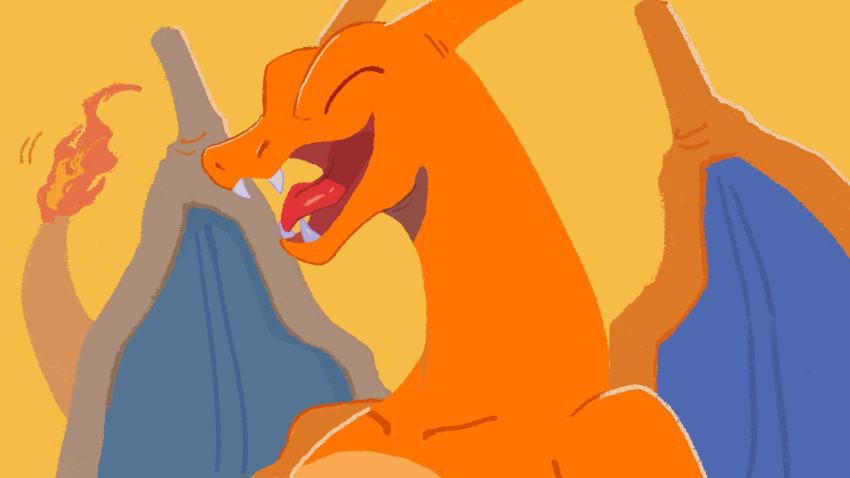 charizard closed_eyes collarbone dragon fangs flame-tipped_tail happy highres mo~zu no_humans open_mouth pokemon pokemon_(creature) simple_background solo tongue yellow_background