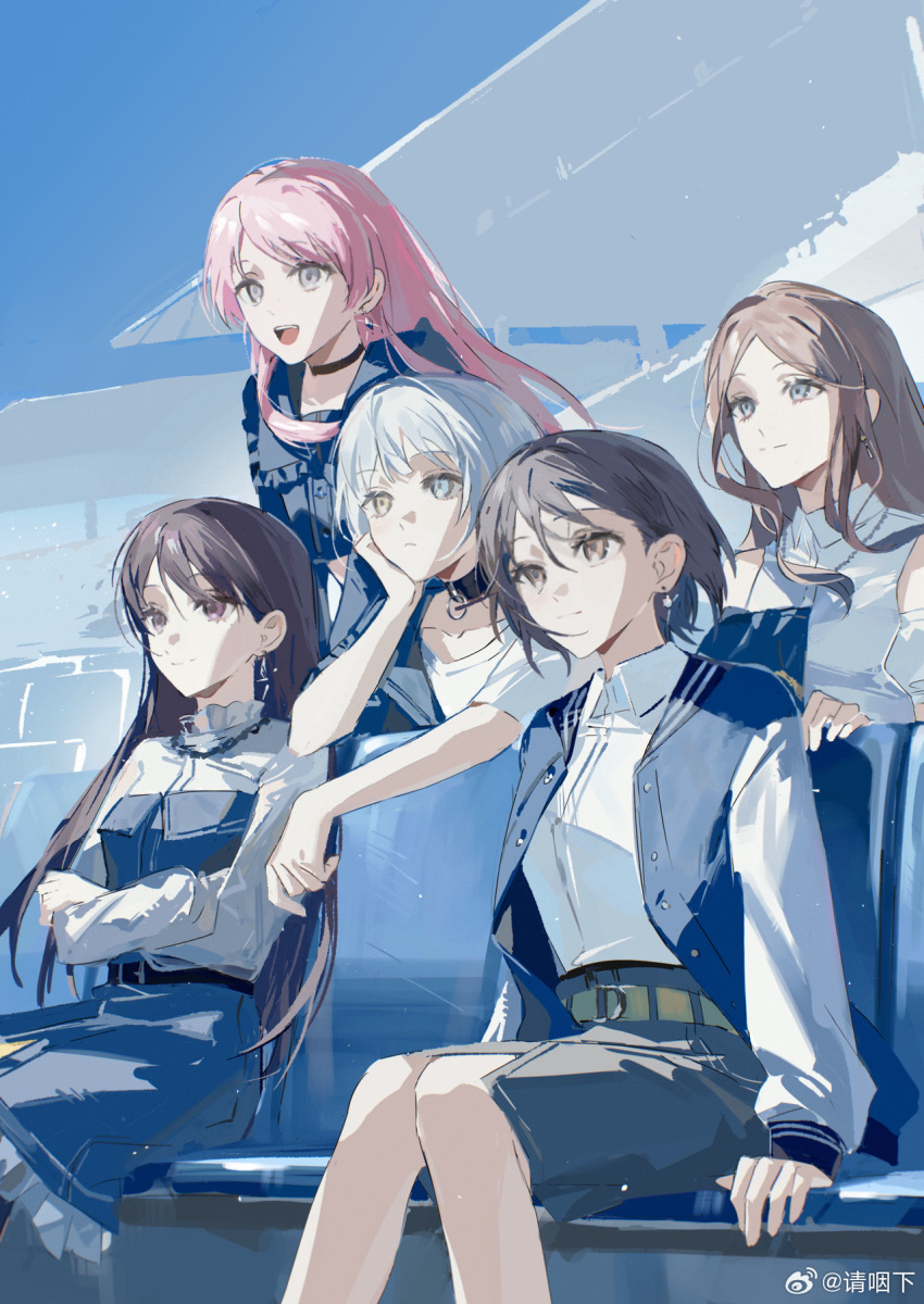 5girls bang_dream! bang_dream!_it's_mygo!!!!! belt belt_buckle black_belt black_choker blue_dress blue_eyes blue_jacket brown_eyes brown_hair buckle chair chihaya_anon chinese_commentary choker closed_mouth collared_shirt commentary_request cropped_jacket crossed_arms day detached_sleeves dress dress_shirt earrings floating_hair frilled_jacket frills grey_eyes grey_skirt head_rest heterochromia highres jacket jewelry kaname_raana long_hair long_sleeves midriff mole mole_under_eye multiple_girls mygo!!!!!_(bang_dream!) nagasaki_soyo necklace open_clothes open_jacket open_mouth outdoors pink_hair qing_yan_xia shiina_taki shirt short_hair sitting skirt sky sleeveless smile sparkle stadium takamatsu_tomori teeth upper_teeth_only weibo_watermark white_eyes white_shirt white_sleeves yellow_eyes