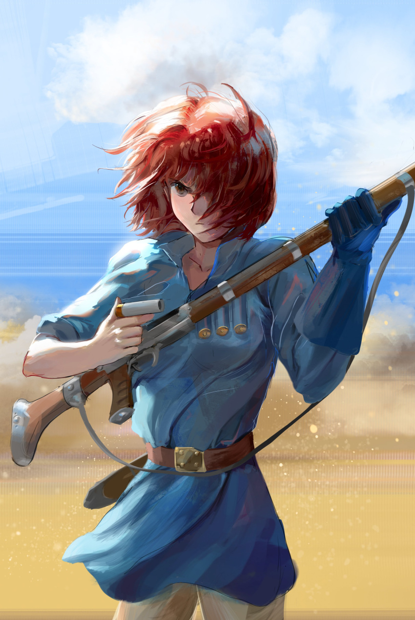 1girl absurdres angry belt belt_buckle blue_gloves blue_sky blue_tunic bob_cut breasts brown_belt brown_eyes brown_pants buckle closed_mouth clouds collarbone commentary cowboy_shot day field gloves gun hair_over_one_eye highres holding holding_gun holding_weapon kaze_no_tani_no_nausicaa light_frown looking_afar loose_hair_strand medium_breasts messy_hair nausicaa outdoors pants redhead seventbs short_hair shotgun shotgun_shell single_glove sky solo standing v-shaped_eyebrows weapon wind