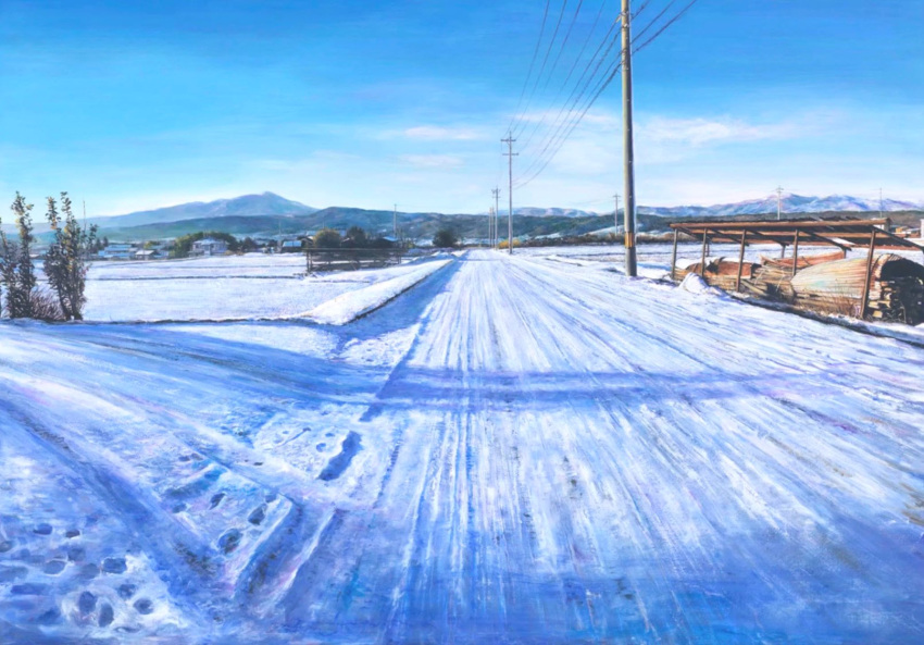blue_sky building clouds cloudy_sky day field footprints highres house latex_cult log mountain mountainous_horizon original painting_(medium) pile plant road scenery shadow sky snow sunlight town traditional_media trail tree