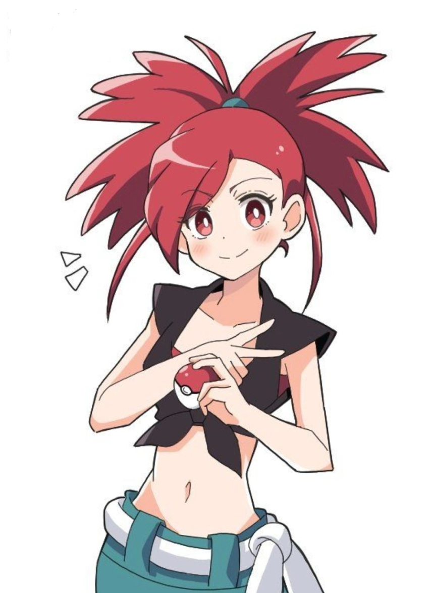 1girl bare_arms collarbone flannery_(pokemon) highres holding holding_poke_ball jmsleo jpeg_artifacts korean_commentary looking_at_viewer midriff navel poke_ball poke_ball_(basic) pokemon pokemon_oras red_eyes redhead shirt smile split_mouth tied_shirt