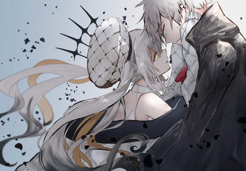 1boy 1girl ameshiki charles-henri_sanson_(fate) coat face-to-face fate/grand_order fate_(series) gradient_background grey_hair hands_on_another's_face hat highres jacket long_hair marie_antoinette_(alter)_(fate) marie_antoinette_(fate) sleeves_past_fingers sleeves_past_wrists twintails white_jacket yellow_eyes