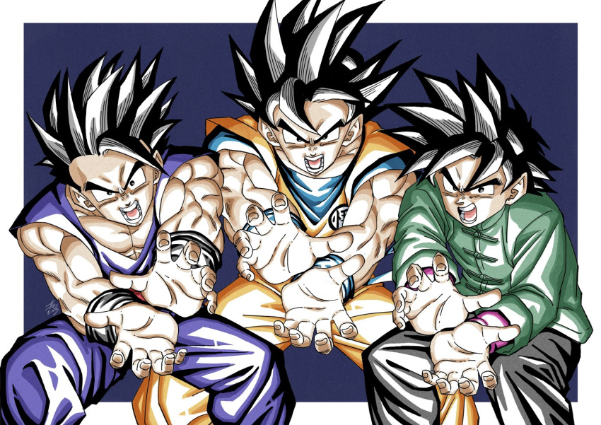 3boys black_hair blue_background blue_shirt brothers chinese_clothes cowboy_shot dated dougi dragon_ball dragon_ball_super dragon_ball_super_super_hero father_and_son forest_1988 goku_day green_jacket group_picture jacket kamehameha_(dragon_ball) looking_at_viewer male_focus medium_hair multiple_boys muscular muscular_male open_mouth orange_pants orange_shirt pants purple_shirt red_sash sash shirt short_hair short_sleeves siblings signature sleeveless sleeveless_shirt son_gohan son_goku son_goten spiky_hair v-neck
