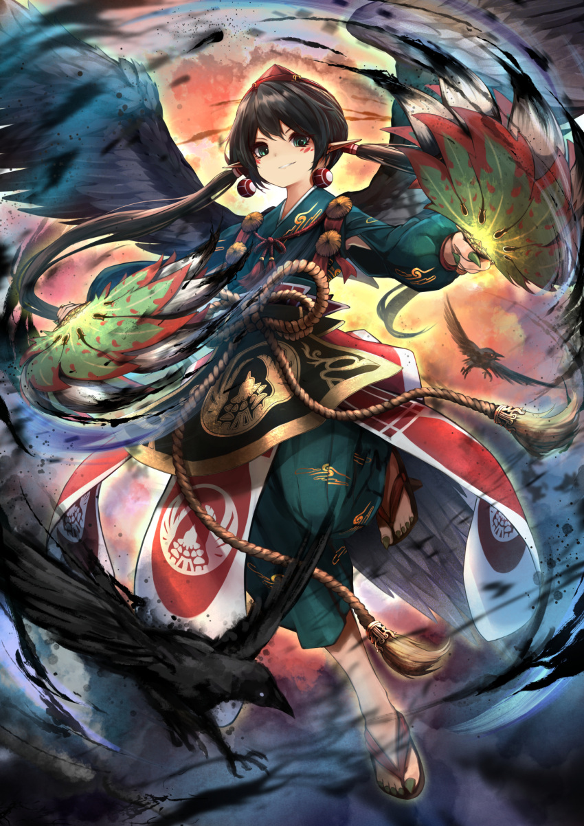 1girl animal bird bird_wings black_hair black_wings commentary_request crow earrings feathered_wings fingernails flying full_body geta green_eyes green_nails grin hand_fan hands_up hat hauchiwa highres holding holding_fan japanese_clothes jewelry long_hair long_sleeves looking_at_viewer low_twintails minksama original pointy_ears pom_pom_(clothes) puffy_long_sleeves puffy_sleeves red_hat sharp_fingernails sharp_toenails smile solo tengu tengu-geta toenails tokin_hat twintails very_long_hair wings