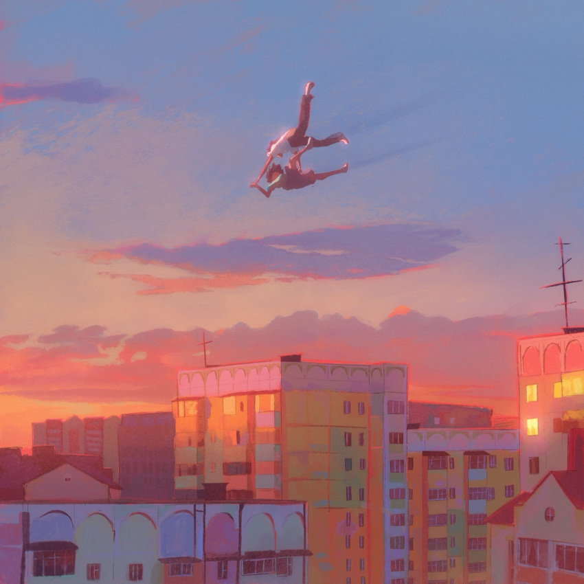 2others ambiguous_gender black_pants blue_sky brecor_ruu_mark building city cityscape clouds falling gradient_sky green_shirt highres holding_hands midair multicolored_sky multiple_others orange_sky original outdoors pants scenery shirt short_hair sky sunset white_shirt wide_shot