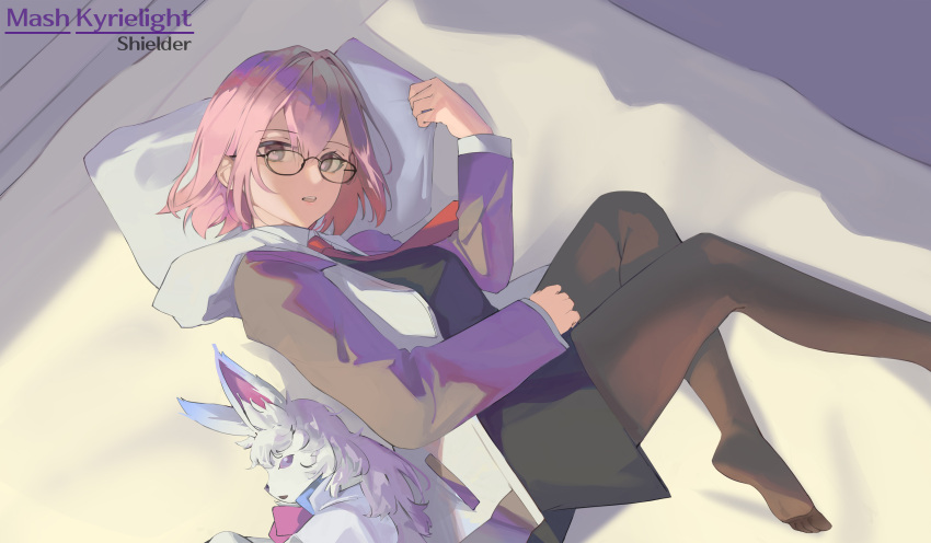 1girl absurdres bed black-framed_eyewear black_dress black_pantyhose cat.106 chaldea_uniform dress fate/grand_order fate_(series) glasses grey_sleeves hair_over_one_eye highres jacket looking_at_viewer lying mash_kyrielight necktie on_side open_clothes open_jacket open_mouth pantyhose parted_lips pillow purple_hair short_hair solo violet_eyes