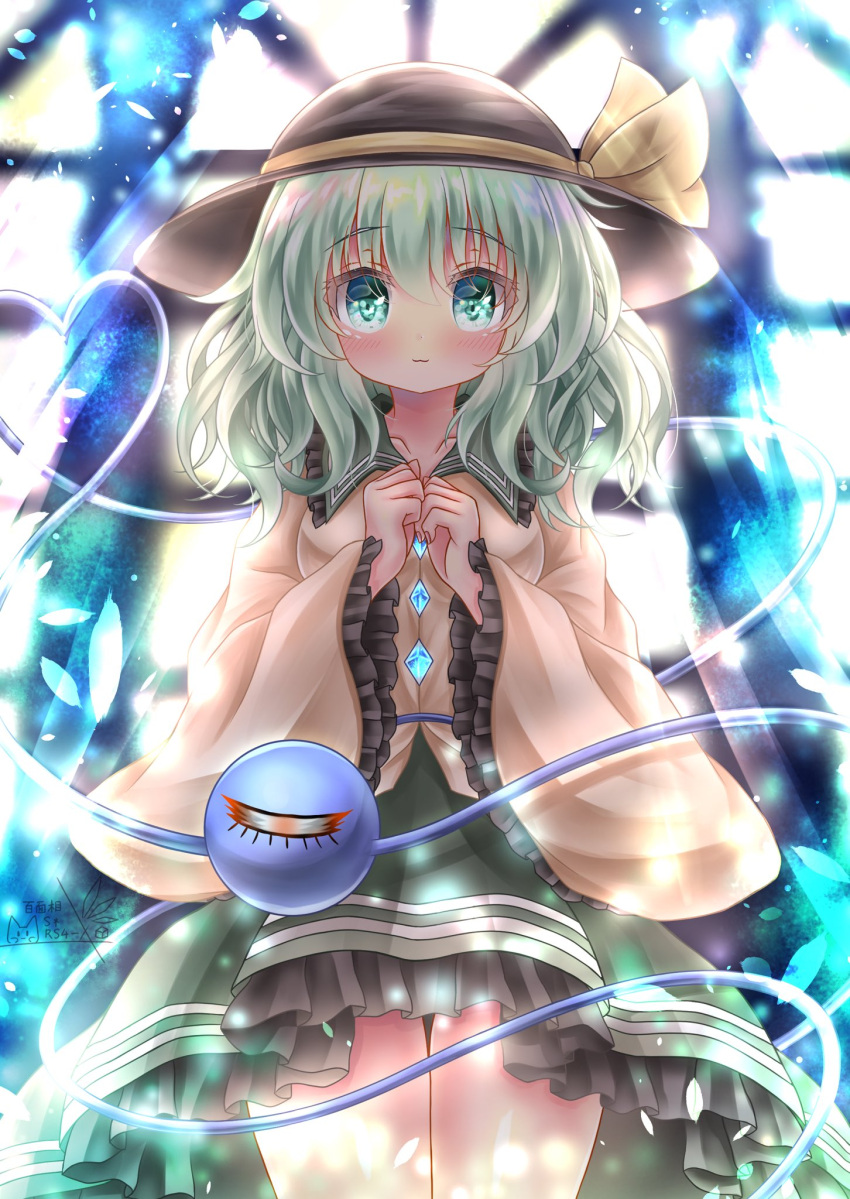 1girl black_hat blouse bow buttons diamond_button eyeball frilled_shirt_collar frilled_sleeves frills green_hair green_skirt hat hat_bow hat_ribbon heart heart_of_string highres koishi_day komeiji_koishi ribbon shirt sjcm1m1_cl7zxxx skirt solo touhou