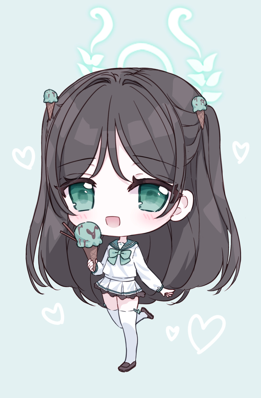 1girl :d absurdres airi_(blue_archive) black_hair blue_archive blue_sailor_collar blush bow brown_footwear chibi commentary_request food food-themed_hair_ornament full_body green_background green_bow green_eyes hair_ornament halo heart highres holding holding_food ice_cream ice_cream_cone ice_cream_hair_ornament loafers long_hair long_sleeves looking_at_viewer pleated_skirt puffy_long_sleeves puffy_sleeves sailor_collar school_uniform serafuku shirt shoes simple_background skirt smile solo standing standing_on_one_leg tandohark thigh-highs two_side_up very_long_hair wafer_stick white_serafuku white_shirt white_skirt white_thighhighs