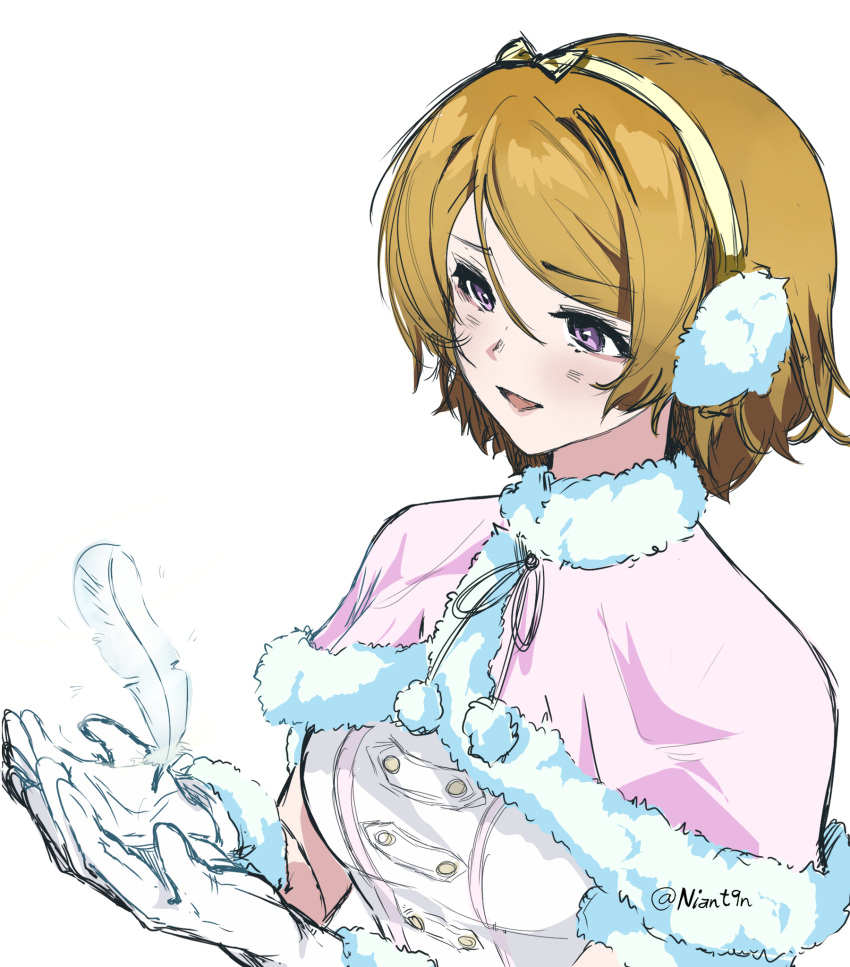 1girl bow_hairband brown_hair capelet commentary earmuffs english_commentary feathers fur-trimmed_capelet fur_trim gloves hairband highres koizumi_hanayo love_live! love_live!_school_idol_project niant9n open_mouth pink_capelet shirt short_hair simple_background smile solo twitter_username upper_body violet_eyes white_background white_gloves white_shirt yellow_hairband