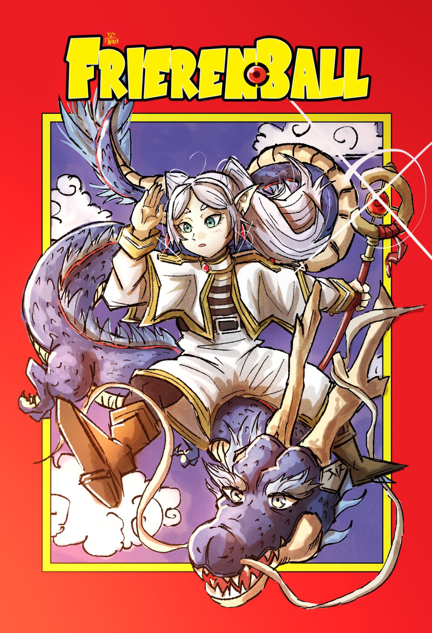 1girl adapted_costume black_pantyhose boots border brown_footwear capelet commentary cover cover_page dangle_earrings dragon dragon_ball earrings eastern_dragon english_commentary fake_cover frieren gold_trim green_eyes hand_up highres holding holding_staff jewelry long_hair mage_staff manga_cover ononotsu pantyhose parody parted_lips pointy_ears red_border riding shirt shoe_soles shorts sitting solo sousou_no_frieren staff striped_clothes striped_shirt twintails white_capelet white_hair white_shorts
