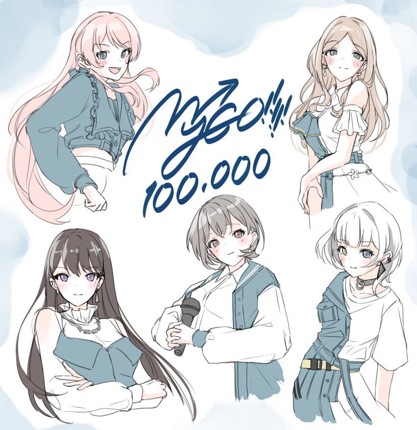 5girls bang_dream! bang_dream!_it's_mygo!!!!! black_choker black_hair blue_eyes blue_jacket blush brown_eyes brown_hair chain_necklace chihaya_anon choker closed_mouth clothing_cutout commentary cropped_jacket dress earclip earrings fang grey_eyes grey_hair heterochromia highres holding holding_microphone jacket jewelry kaname_raana kuuhaku_900 long_hair long_sleeves looking_at_viewer microphone midriff mole mole_under_eye multiple_girls mygo!!!!!_(bang_dream!) nagasaki_soyo necklace open_mouth own_hands_together pink_hair see-through see-through_sleeves shiina_taki shirt short_hair shoulder_cutout sidelocks takamatsu_tomori violet_eyes white_dress white_hair white_shirt yellow_eyes