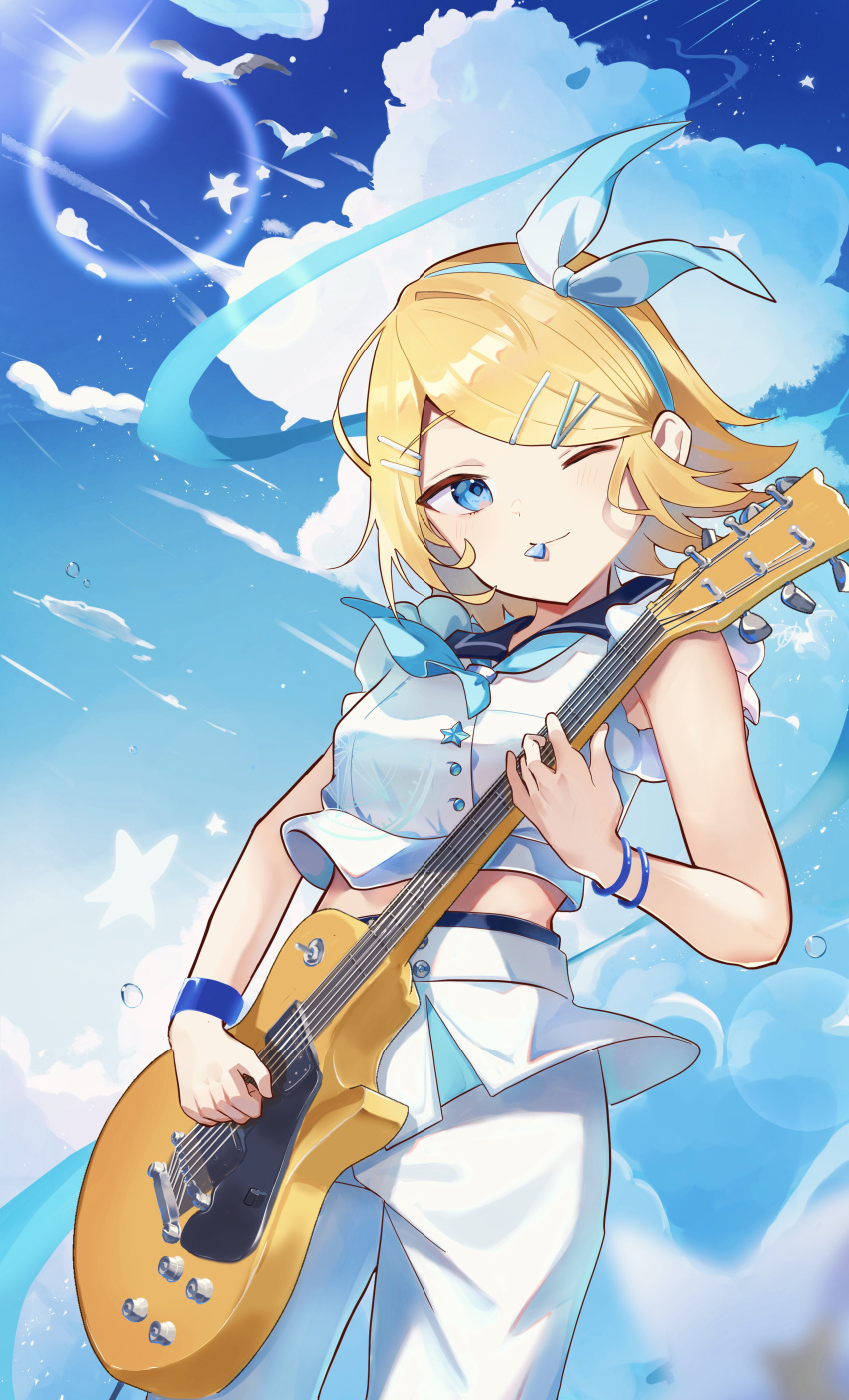 1girl absurdres bird blonde_hair blue_eyes blue_ribbon blue_sky bow bracelet bubble clouds cropped_shirt guitar hair_bow hair_ornament hairband hairclip highres holding holding_guitar holding_instrument instrument inubangarou inuyama_(1109) jewelry kagamine_rin lens_flare leo/need_rin looking_at_viewer medium_hair midriff_peek multiple_hairpins official_alternate_costume one_eye_closed pants playing_guitar plectrum project_sekai ribbon short_hair short_sleeves skirt sky smile standing star_(symbol) stick_to_your_faith_(project_sekai) swept_bangs vocaloid white_pants white_skirt