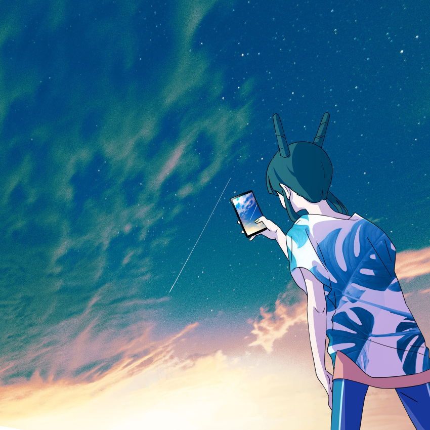 1girl absurdres akroglam cellphone clouds cone_hair_bun cowboy_shot double_bun facing_away floral_print from_behind hair_bun highres holding holding_phone long_hair nina_(akroglam) official_art outdoors pants phone second-party_source shirt short_sleeves sky solo standing star_(sky) starry_sky taking_picture