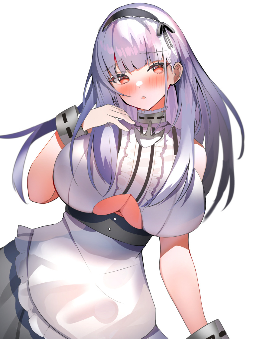 aa44 anchor_choker anchor_necklace apron azur_lane black_hairband breasts center_frills choker clothing_cutout dido_(azur_lane) dress_straps frilled_choker frills hairband hand_on_own_chest highres jewelry lace-trimmed_hairband lace_trim light_blush looking_at_viewer maid necklace red_eyes under_boob underboob_cutout waist_apron white_apron white_background white_hair