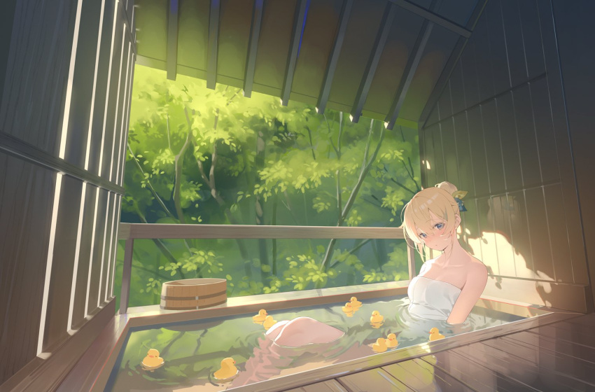 1girl bathing blonde_hair bucket commentary covering_privates hair_bun hair_ribbon hana_mori looking_at_viewer naked_towel nude_cover onsen original partially_submerged ribbon rubber_duck sitting symbol-only_commentary towel tree water wet wet_towel white_towel wooden_bucket wooden_floor wooden_wall
