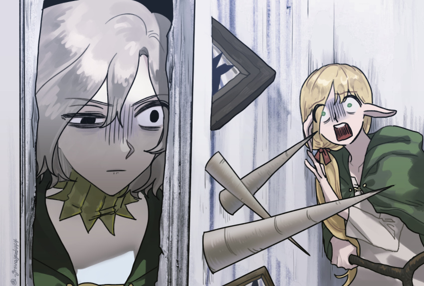 1boy 1girl bags_under_eyes black_eyes blonde_hair broken_door cape dungeon_meshi elf gorget graveyard444 green_cape green_eyes grey_hair here's_johnny!_(meme) holding holding_staff hole_in_wall horror_(theme) lazy_eye long_hair long_sleeves marcille_donato meme mithrun open_mouth panicking parody picture_frame pointy_ears scared scene_reference shaded_face shirt short_hair spikes staff the_shining turn_pale uneven_eyes