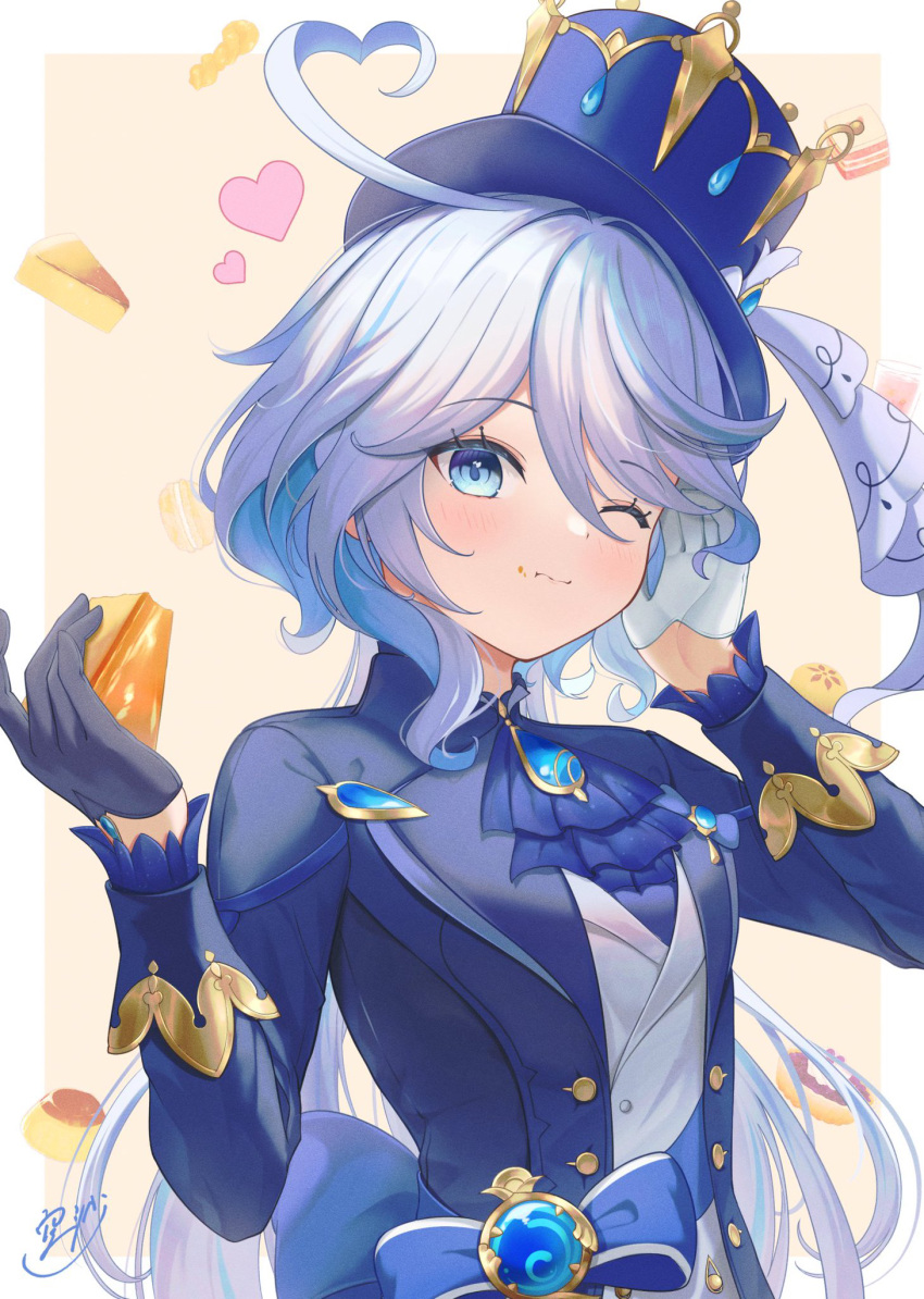 1girl ;) ahoge ascot asymmetrical_gloves black_gloves blue_ascot blue_eyes blue_hair blue_headwear blue_jacket brooch cake commentary food furina_(genshin_impact) genshin_impact gloves hands_up hat heart heart_ahoge highres holding holding_food jacket jewelry long_hair long_sleeves looking_at_viewer mismatched_gloves one_eye_closed shirt smile sola_num_5130 solo top_hat upper_body very_long_hair white_gloves white_shirt