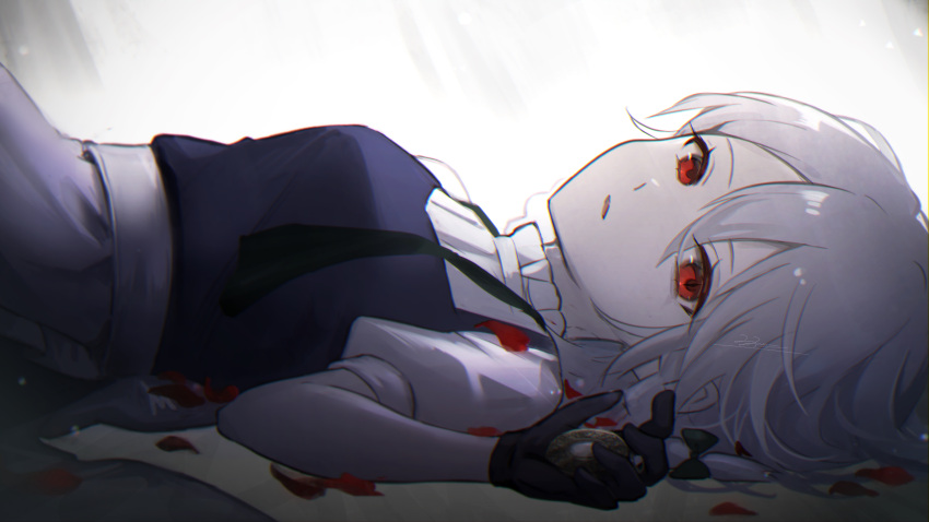 1girl black_gloves commentary_request gloves grey_hair highres izayoi_sakuya looking_at_viewer lying maid making-of_available medium_hair on_back open_mouth red_eyes red_petals rokuya_(68_zusao) solo touhou