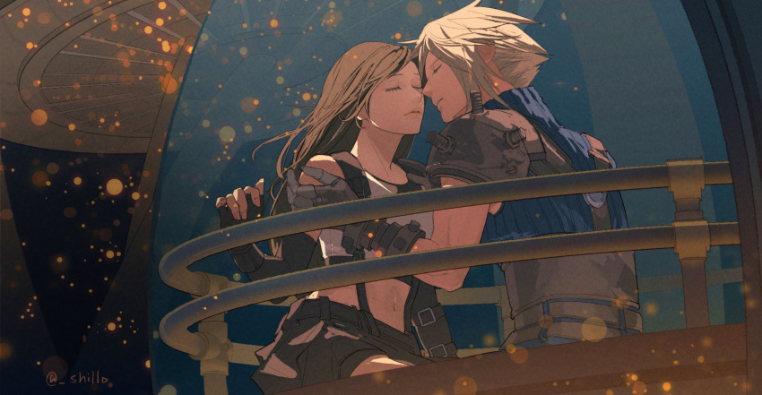 1boy 1girl armor bare_shoulders black_gloves black_hair black_skirt blonde_hair blue_sweater brown_hair closed_eyes cloud_strife commentary_request couple crop_top elbow_gloves facing_another ferris_wheel_interior final_fantasy final_fantasy_vii final_fantasy_vii_rebirth final_fantasy_vii_remake fingerless_gloves gloves gondola hands_on_another's_shoulders highres imminent_kiss light_particles long_hair midriff navel ribbed_sweater shillo short_hair shoulder_armor sitting skirt sleeveless sleeveless_turtleneck spiky_hair suspender_skirt suspenders sweater tank_top tifa_lockhart turtleneck turtleneck_sweater twitter_username upper_body white_tank_top
