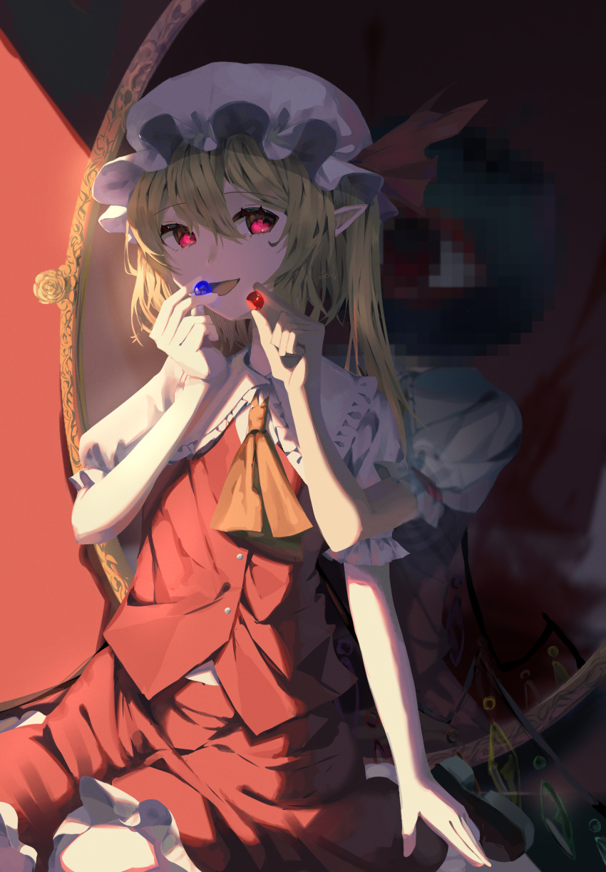 1girl blonde_hair blue_pill cowboy_shot flandre_scarlet hat hat_ribbon highres mirror mob_cap open_mouth osakana pointy_ears puffy_short_sleeves puffy_sleeves red_eyes red_pill red_ribbon ribbon short_sleeves side_ponytail sitting solo touhou