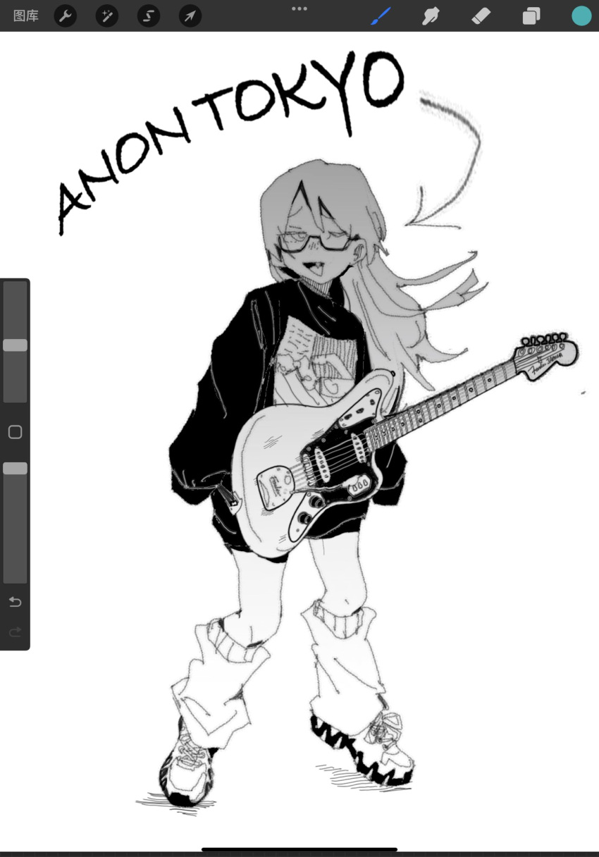 1girl arrow_(symbol) art_program_in_frame bang_dream! bang_dream!_it's_mygo!!!!! character_name chihaya_anon electric_guitar fang fender_jazzmaster full_body glasses greyscale guitar highres instrument jacket leg_warmers long_hair long_sleeves monochrome open_clothes open_jacket open_mouth procreate_(medium) simple_background sleeves_past_fingers sleeves_past_wrists solo spot_color white_background zongchi