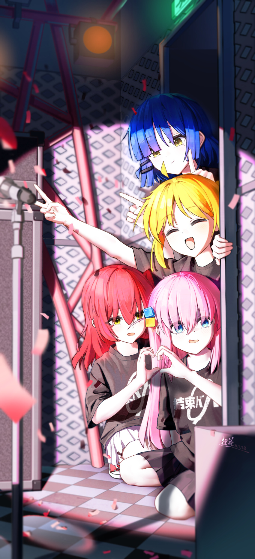 4girls absurdres ahoge black_shirt black_skirt blonde_hair blue_eyes blue_hair bocchi_the_rock! closed_eyes closed_mouth commentary_request cube_hair_ornament gotoh_hitori hair_between_eyes hair_ornament heart heart_hands heart_hands_duo highres ijichi_nijika index_fingers_raised kita_ikuyo kneeling long_hair looking_at_another multiple_girls open_mouth pink_hair pleated_skirt red_footwear redhead shirt shoes short_hair skirt sklt_(swyt8223) sneakers spotlight squatting stage stage_lights text_print v white_skirt yamada_ryo yellow_eyes