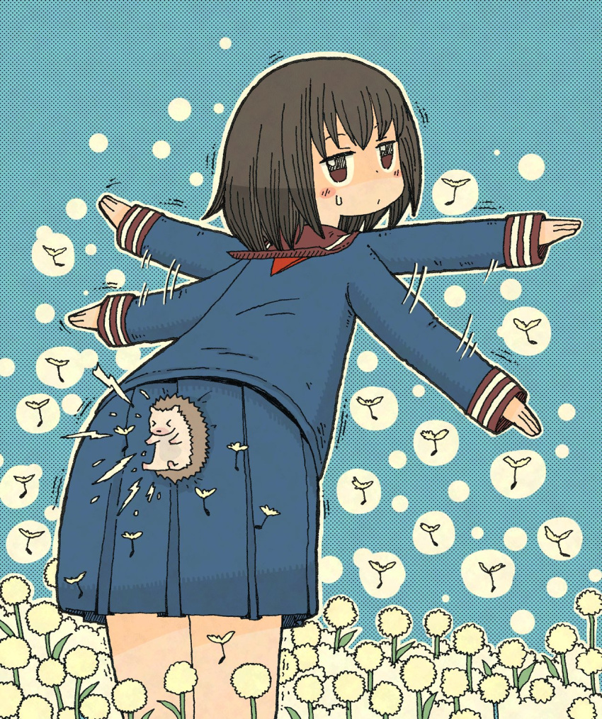 &gt;_&lt; 1girl afterimage animal blue_background blue_serafuku blue_shirt blue_skirt blush_stickers brown_eyes brown_hair brown_sailor_collar closed_eyes closed_mouth commentary_request dandelion dandelion_seed flapping flower from_behind hedgehog hedgehog_girl_(yukimoto_shuuji_(gurigura)) highres leaning_forward long_sleeves looking_at_viewer looking_back original pleated_skirt sailor_collar school_uniform serafuku shirt skirt sleeves_past_wrists sneezing solo speed_lines sweat white_flower yukimoto_shuuji_(gurigura)