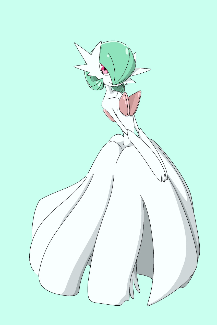 absurdres bob_cut colored_skin dress elbow_gloves gardevoir gloves green_background green_hair hair_over_one_eye highres looking_at_viewer mega_gardevoir mega_pokemon pink_eyes pokemon pokemon_(creature) simple_background smile strapless strapless_dress v_arms vivit_device white_dress white_gloves white_skin