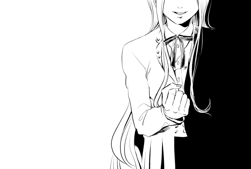 1girl 82utena absurdres blazer blending bow bowtie buttons clenched_teeth collared_jacket collared_shirt commentary_request cowboy_shot danganronpa_(series) danganronpa_v3:_killing_harmony greyscale head_out_of_frame highres jacket long_hair long_sleeves monochrome open_clothes open_jacket open_mouth pleated_skirt shirogane_tsumugi shirt sidelocks simple_background skirt smile solo teeth very_long_hair white_background