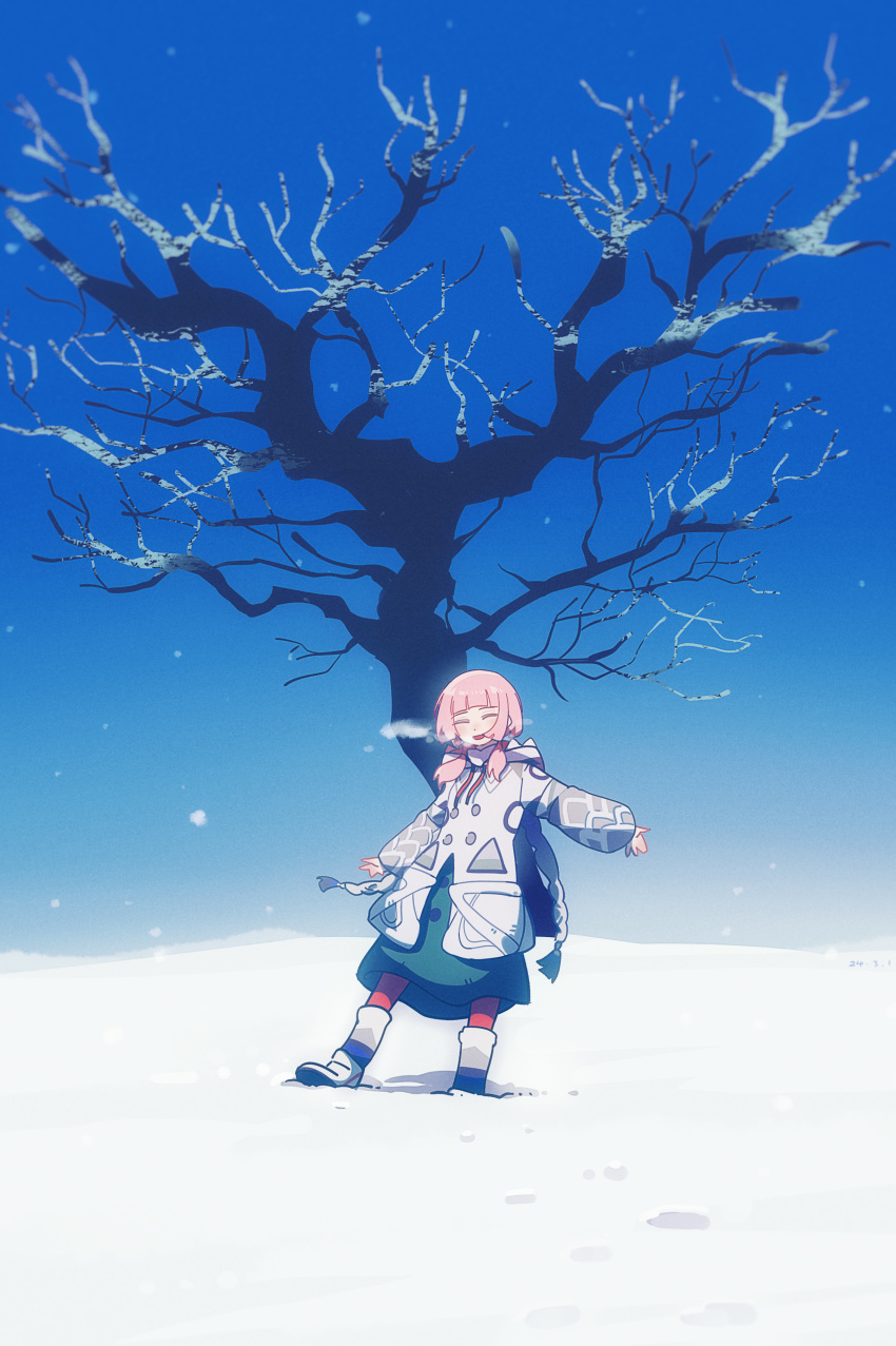 1girl absurdres bare_tree blue_sky blunt_bangs blush boots breath closed_eyes commentary day dress facing_viewer ganezugarrrrr green_dress grey_footwear grey_jacket hair_over_shoulder highres hood hood_down hooded_jacket jacket kaf_(kamitsubaki_studio) kamitsubaki_studio knee_boots long_hair long_sleeves low_twintails open_mouth outdoors outstretched_arms pantyhose pink_hair puffy_long_sleeves puffy_sleeves red_pantyhose sky smile snow snowing solo spread_arms symbol-only_commentary tree twintails virtual_youtuber wide_shot