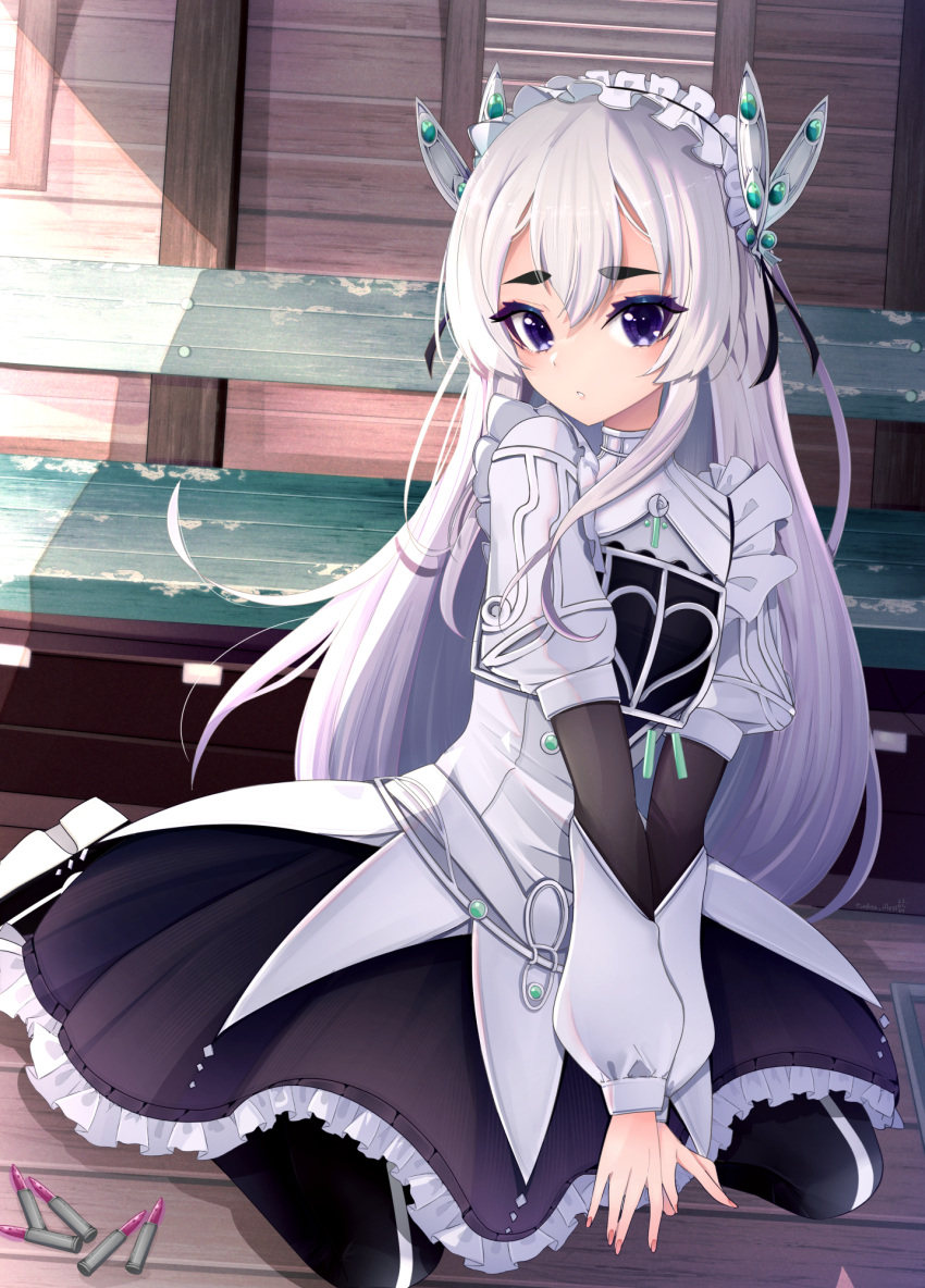 1girl black_skirt black_thighhighs butterfly_hair_ornament chaika_trabant commentary double-parted_bangs dress frilled_hairband frills grey_hair hair_between_eyes hair_ornament hairband highres hitsugi_no_chaika kneeling lolita_hairband long_hair looking_at_viewer miniskirt skirt solo thick_eyebrows thigh-highs tundrea very_long_hair violet_eyes white_dress white_hairband