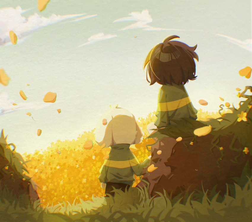 1boy 1other ahoge androgynous animal_ears asriel_dreemurr blue_sky body_fur brown_hair chara_(undertale) child chinese_commentary clouds commentary_request day facing_away falling_petals from_behind furry furry_male goat_boy goat_ears grass green_sweater highres long_sleeves outdoors petals scenery short_hair sitting sky standing suancai_pian_pian_yu sweater undertale white_fur