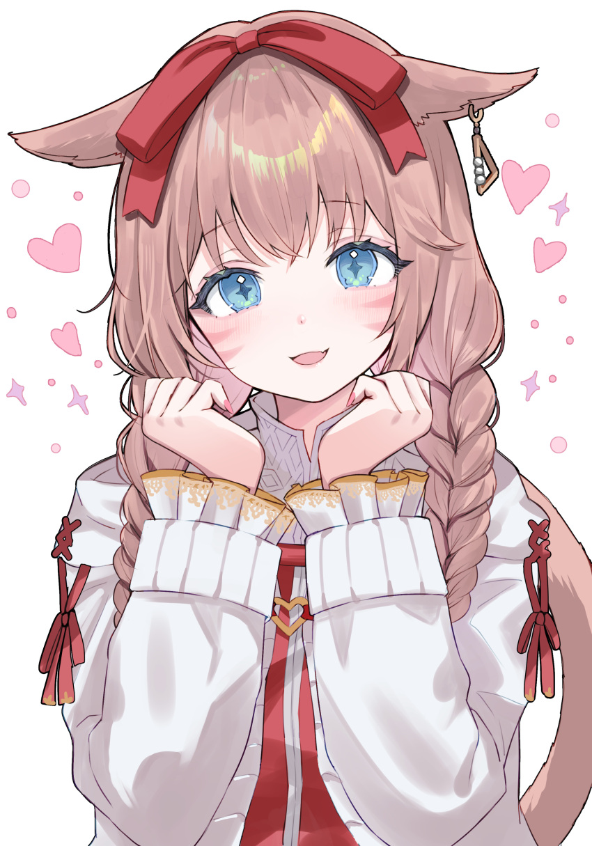 1girl absurdres animal_ears blue_eyes bow braid brown_hair cat_ears cat_girl cat_tail collared_jacket cross-shaped_pupils earrings facial_mark final_fantasy final_fantasy_xiv hair_bow hands_up heart highres jacket jewelry lilith_degree long_sleeves looking_at_viewer medium_hair miqo'te open_mouth red_bow simple_background single_earring smile solo symbol-shaped_pupils tail twin_braids upper_body warrior_of_light_(ff14) white_background white_jacket