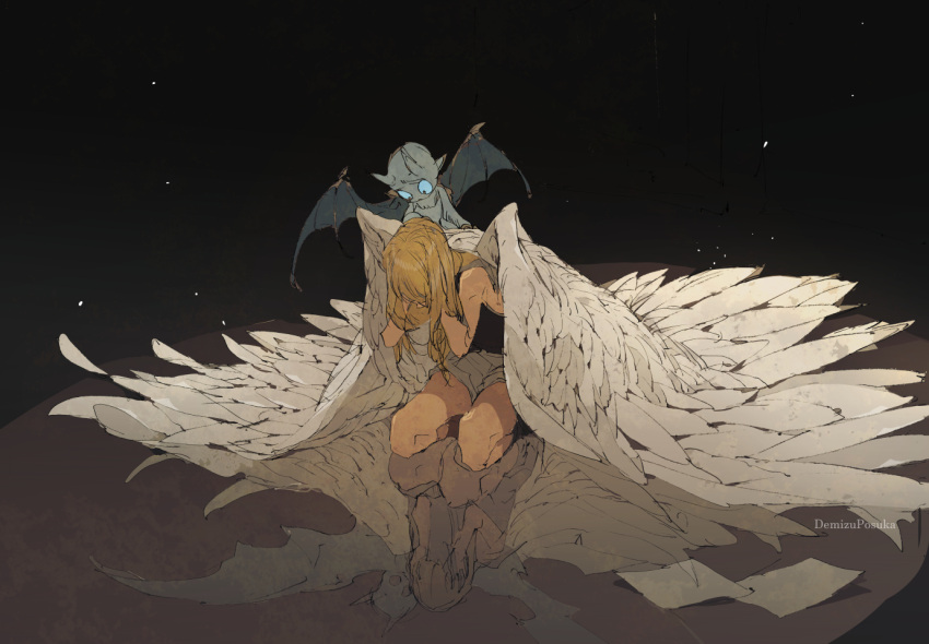 1girl 1other angel_wings black_shirt black_tank_top blonde_hair blue_eyes commentary_request covered_face creature creature_on_shoulder crying dark_background demizu_posuka demon furrowed_brow grey_shorts hand_up hands_on_own_face hands_up head_down kneeling long_hair on_shoulder original paper parted_lips reflection reflective_floor shirt shorts sleeveless tank_top wings worried