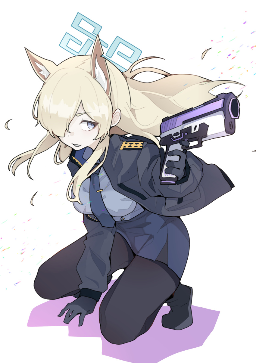 1girl absurdres animal_ear_fluff animal_ears black_footwear black_gloves black_jacket black_pantyhose blonde_hair blue_archive blue_eyes blue_halo blue_necktie blue_shirt blue_skirt breasts clenched_teeth collared_shirt extra_ears full_body gloves gun hair_over_one_eye halo highres holding holding_gun holding_weapon jacket kanna_(blue_archive) large_breasts long_hair long_sleeves necktie open_clothes open_jacket pantyhose pearlgang_e sharp_teeth shirt shoes simple_background skirt solo teeth weapon white_background