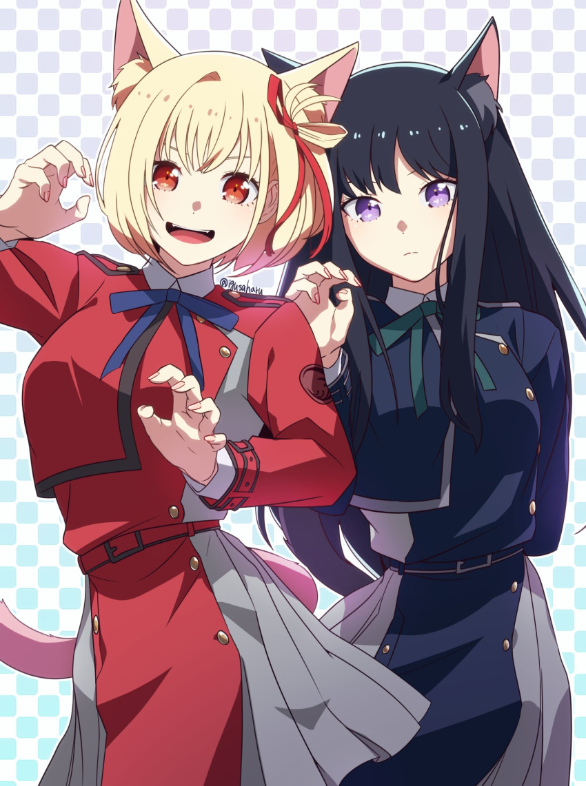 2girls animal_ear_fluff animal_ears arm_behind_back belt black_belt black_hair black_shirt black_skirt blonde_hair blue_ribbon cat_ears cat_tail claw_pose closed_mouth commentary cowboy_shot expressionless fingernails green_ribbon grey_skirt grid_background hair_ribbon hand_up hands_up highres igusaharu inoue_takina kemonomimi_mode long_hair long_sleeves looking_at_viewer lycoris_recoil lycoris_uniform multiple_girls neck_ribbon nishikigi_chisato open_mouth orange_eyes pink_tail pleated_skirt red_belt red_ribbon red_shirt red_skirt ribbon shirt short_hair skirt smile standing symbol-only_commentary tail twitter_username violet_eyes