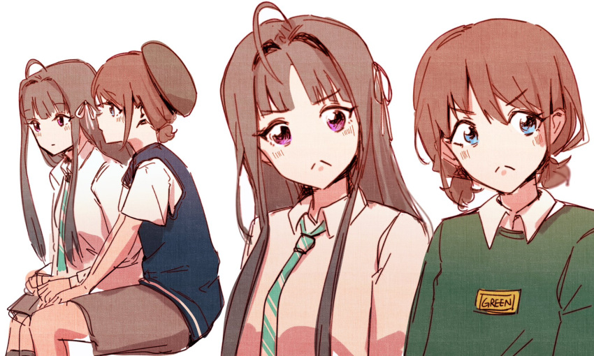 :&lt; ahoge awa_subaru black_hair black_socks blue_eyes blue_necktie blue_sweater_vest blush breasts brown_hair closed_mouth collared_shirt commentary diagonal-striped_clothes diagonal-striped_necktie girls_band_cry green_sweater grey_skirt hair_ribbon hashtag-only_commentary highres invisible_chair iseri_nina kneehighs long_hair long_sleeves low_twintails medium_breasts multiple_views necktie parted_bangs ribbon sangdingting school_uniform shirt short_hair short_sleeves short_twintails sidelocks simple_background sitting skirt socks striped_clothes sweater sweater_vest twintails upper_body violet_eyes white_background white_ribbon white_shirt