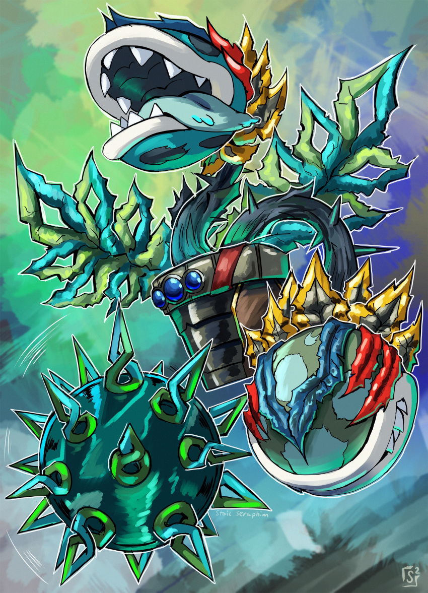 absurdres alternate_color alternate_costume alternate_form armor aura blue_gemstone chest_jewel corruption crossover dark_persona double_helix evil_smile facial_tattoo fierce_deity flying gem glowing highres leaf looking_to_the_side nintendo open_mouth piranha_plant plant possessed potted_plant sharp_teeth smile spike_ball spikes stoic_seraphim super_mario_bros. super_mario_bros._1 super_smash_bros. tattoo teeth the_legend_of_zelda the_legend_of_zelda:_majora's_mask tongue tongue_out