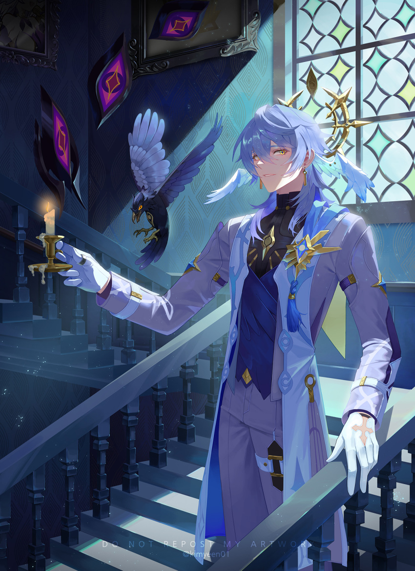 1boy bird blue_shirt candle coat commentary cowboy_shot gloves grey_coat grey_hair grey_pants head_wings highres holding holding_candle honkai:_star_rail honkai_(series) kimyeen long_hair looking_at_viewer open_clothes open_coat pants railing shirt solo stairs standing sunday_(honkai:_star_rail) white_gloves window wings