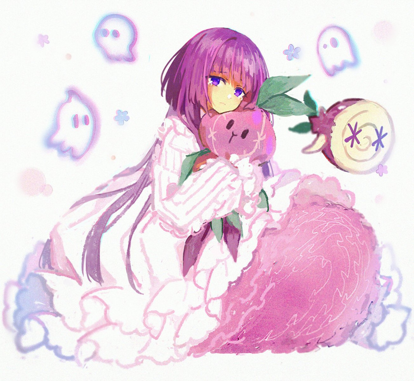 1girl closed_mouth dress food frilled_dress frills ghost hakusai_(tiahszld) highres holding long_hair long_sleeves looking_at_viewer original purple_hair simple_background solo stuffed_toy tearing_up violet_eyes white_background white_dress
