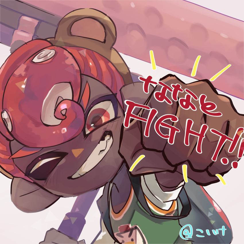 1boy absurdres animal_ears bear_ears brown_hairband clenched_hand dark-skinned_male dark_skin dynamo_roller_(splatoon) fake_animal_ears grin hairband highres holding jersey koike3582 octoling octoling_boy octoling_player_character one_eye_closed outstretched_arm pompadour red_eyes redhead short_hair simple_background smile solo splatoon_(series) suction_cups teeth tentacle_hair v-shaped_eyebrows white_background