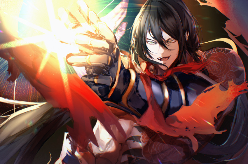 1boy bare_pectorals black_hair chest_tattoo fate/grand_order fate_(series) flower_tattoo full-body_tattoo gauntlets hair_between_eyes highres long_hair male_focus open_mouth pectorals ponytail smile solo tattoo toned toned_male topless_male upper_body very_long_hair yan_qing_(fate)