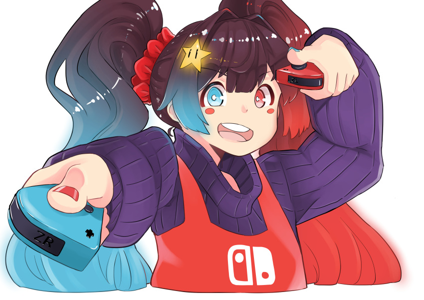 1girl absurdres artist_request blue_hair brown_hair gradient_hair heterochromia highres humanization joy-con multicolored_hair nintendo nintendo_switch nintendo_switch_(personification) open_mouth overalls redhead smile super_star_(mario) sweater teeth twintails upper_teeth_only white_background