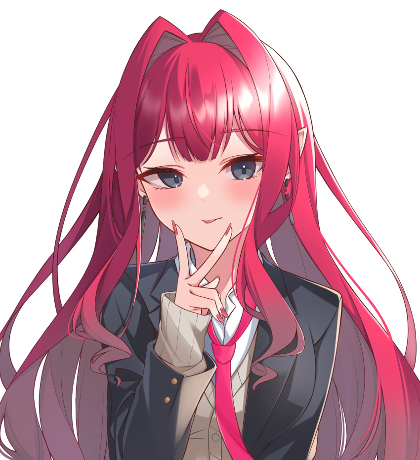 1girl baobhan_sith_(fate) black_jacket blazer blush earrings fate/grand_order fate_(series) grey_eyes hand_up highres hoshino_reiji jacket jewelry long_hair looking_at_viewer nail_polish necktie pink_hair pointy_ears red_nails red_necktie school_uniform sidelocks solo tongue tongue_out upper_body v white_background