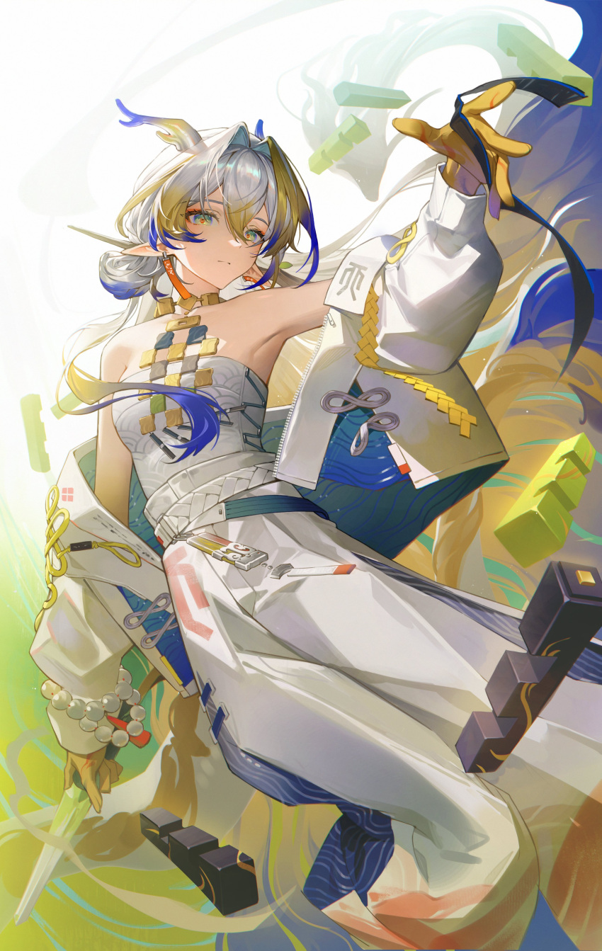 1girl absurdres arknights armpits bead_bracelet beads belt blonde_hair blue_belt blue_eyes blue_hair bracelet breasts closed_mouth colored_skin double-parted_bangs dragon_girl dragon_horns earrings expressionless feet_out_of_frame grey_hair hair_between_eyes hair_intakes hair_ornament hair_stick hashtag-only_commentary highres horns jacket jewelry long_hair looking_at_viewer multicolored_eyes multicolored_hair multicolored_skin multiple_belts necklace off_shoulder open_clothes open_jacket pants pointy_ears red_pupils shu_(arknights) simple_background small_breasts solo strapless tassel tassel_earrings tube_top two-sided_fabric two-sided_jacket very_long_hair white_background white_belt white_jacket white_pants white_tube_top yellow_eyes yellow_skin zzom_b