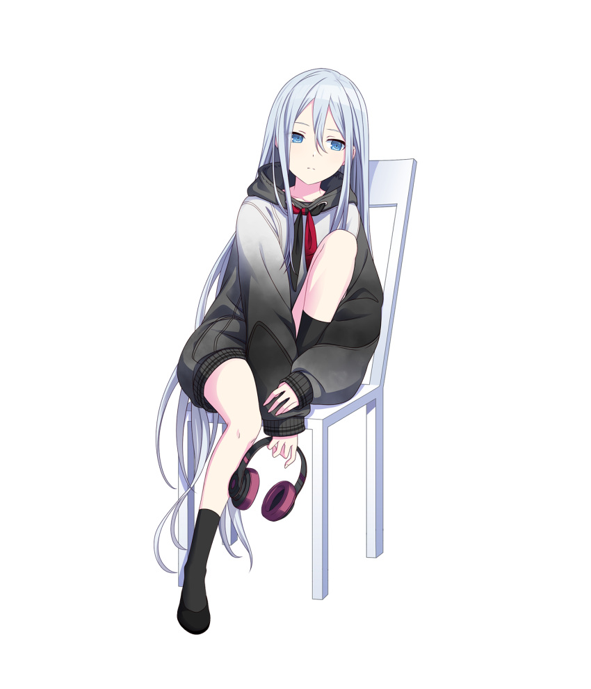 1girl black_footwear black_hoodie black_socks blue_eyes expressionless full_body grey_hair hair_between_eyes headphones highres holding holding_headphones hood hoodie long_hair long_sleeves looking_to_the_side multicolored_clothes multicolored_hoodie non-web_source official_art on_chair project_sekai sitting socks solo straight_hair tachi-e very_long_hair white_hoodie yoisaki_kanade