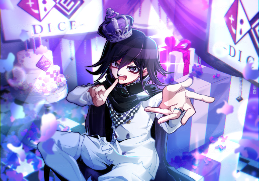 1boy :d absurdres black_hair box buttons cake crown danganronpa_(series) danganronpa_v3:_killing_harmony dated double-breasted flipped_hair food gift gift_box happy_birthday highres jacket jewelry kujira_pyon_ka long_sleeves looking_at_viewer oma_kokichi pants ring sitting smile solo table teeth upper_teeth_only violet_eyes white_jacket white_pants