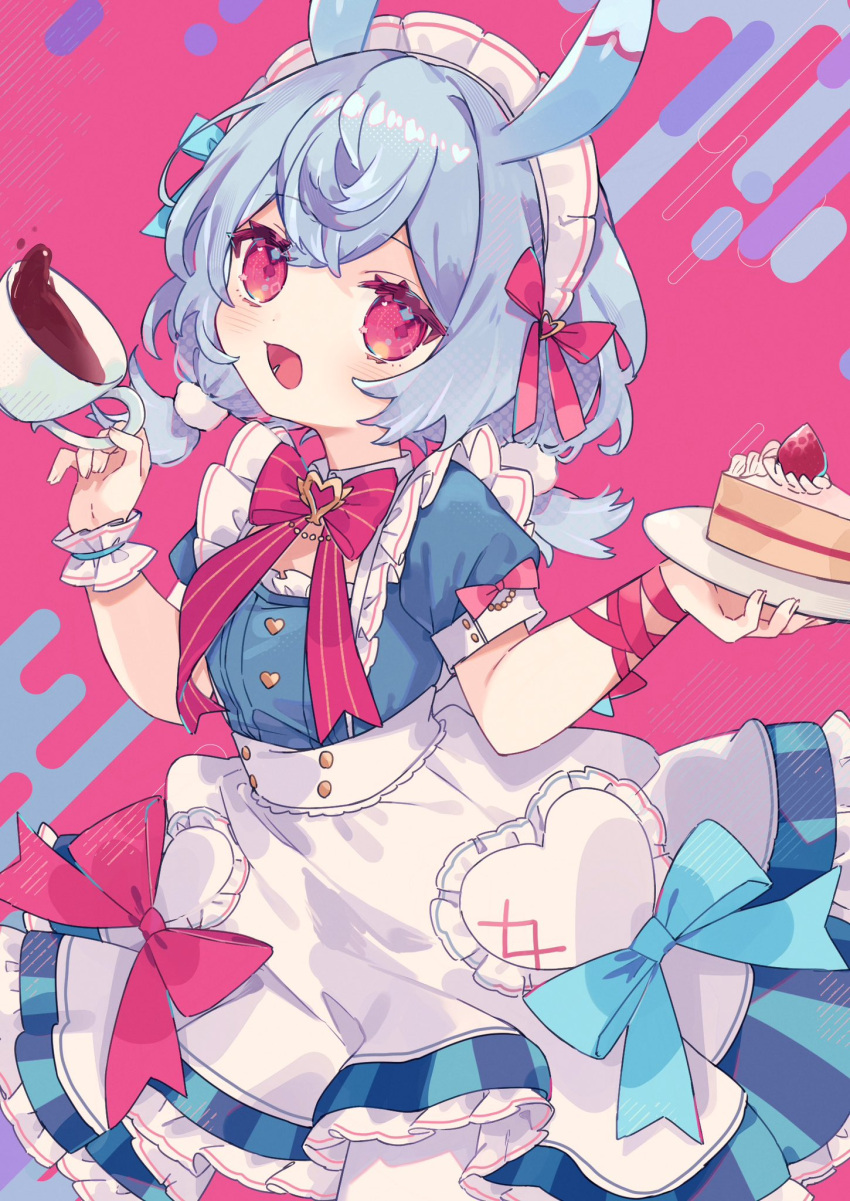 1girl :d alternate_costume apron blue_bow blue_dress blue_hair bow bowtie cake cake_slice coffee coffee_mug commentary cowboy_shot cup dress enmaided fingernails food frilled_dress frills genshin_impact hair_ornament hands_up highres hisuiyasai holding holding_cup holding_plate looking_at_viewer low_twintails lower_teeth_only maid maid_apron maid_headdress mug open_mouth pink_background pink_bow pink_bowtie pink_eyes plate pom_pom_(clothes) pom_pom_hair_ornament short_sleeves sigewinne_(genshin_impact) smile solo symbol-only_commentary teeth twintails waist_apron white_apron